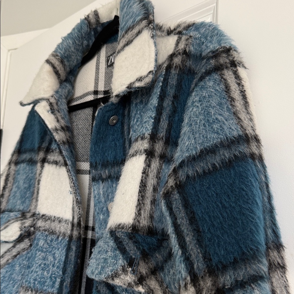Zara Teal and Cream Checkered Jacket - Picture 2 of 7